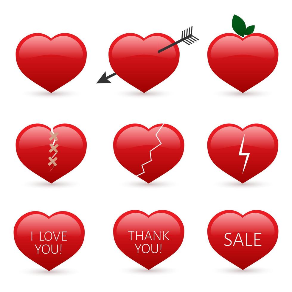 conjunto de nueve iconos de corazones rojos aislados sobre fondo blanco. colección de vectores del día de san valentín. símbolo de la historia de amor. plantilla de diseño fácil de editar.