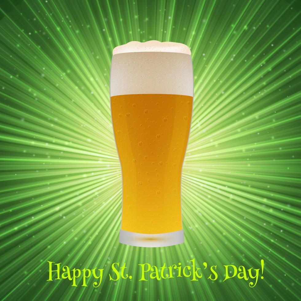 St. Patrick's Day greeting card on a bright green background with beer glass. Easy to edit vector design template.