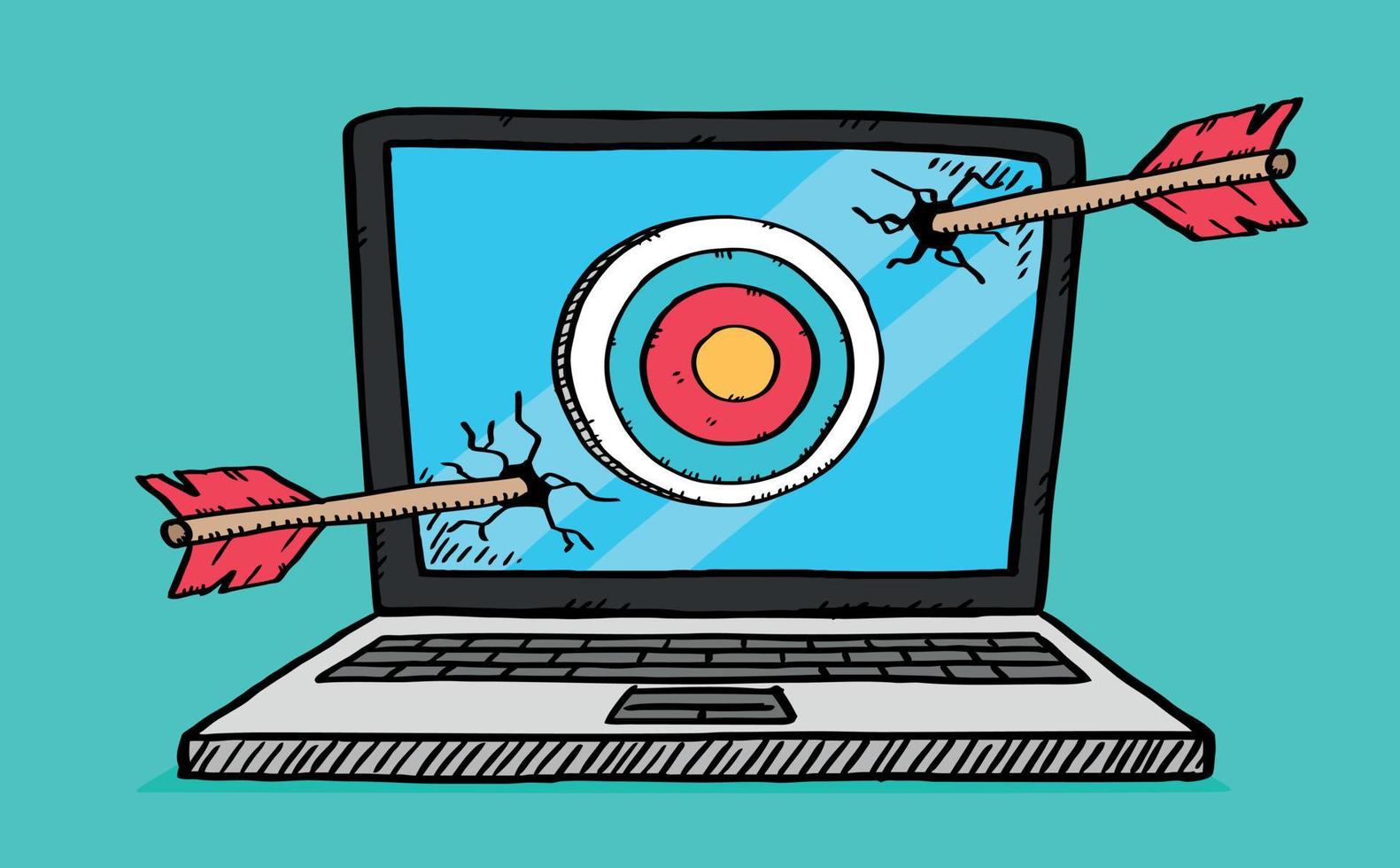 Cartoon style colorful illustration of two arrows that missed the target on laptop screen. vector