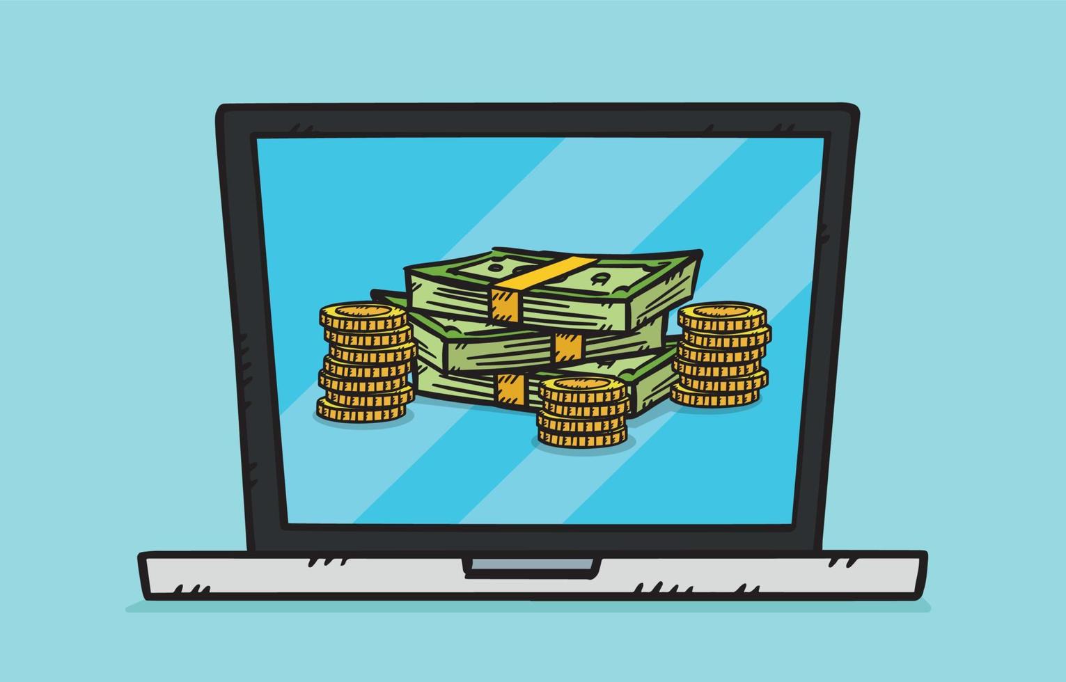 Sketch style doodle illustration of pile of money with coins showing on laptop screen. vector