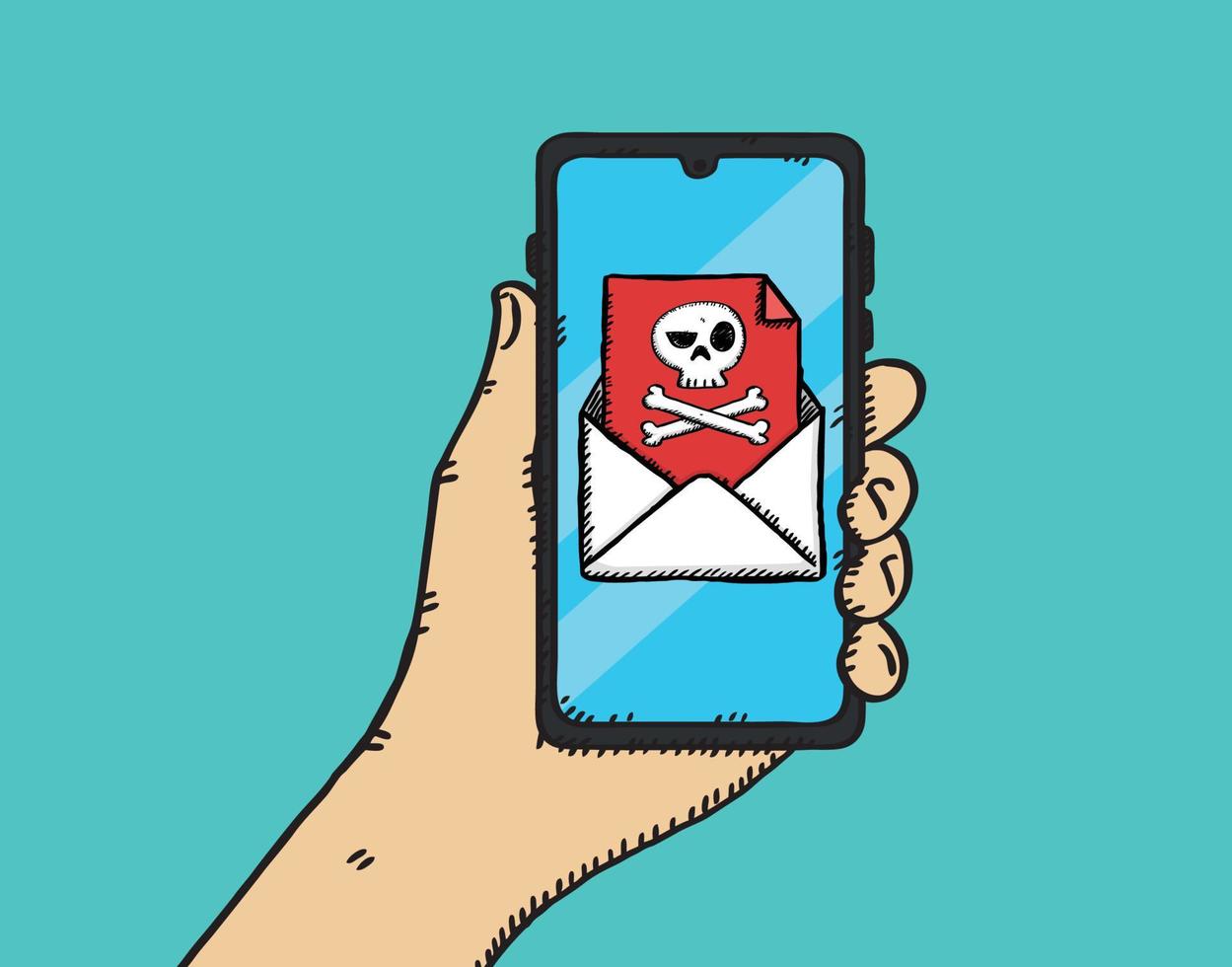 Colorful sketch style doodle illustration of email with virus showing on mobile screen. vector