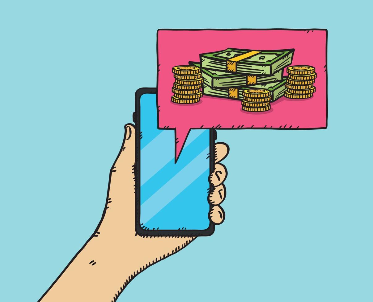 Hand is holding mobile phone with pile of money showing on comic book bubble. vector