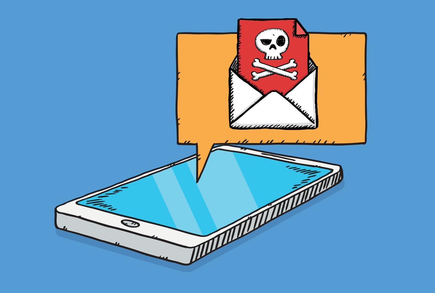 Sketch style doodle illustration of pile of email with virus showing on comic book bubble vector