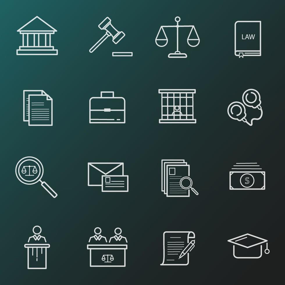 conjunto de iconos de ley y juicio. ilustración aislada en el fondo para gráficos y diseño web vector