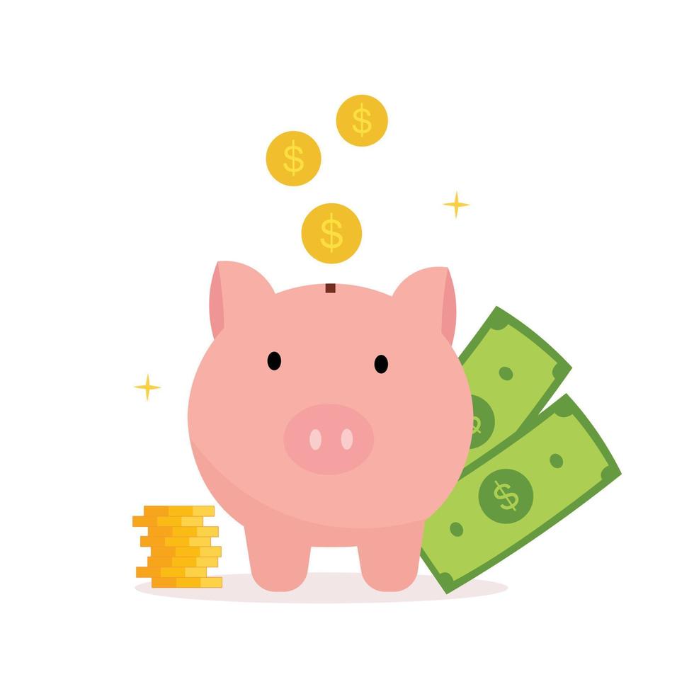 iconos de alcancía rosa y monedas de dólar que se colocan en la alcancía diseño simple y moderno utilizado para ilustraciones de sitios web concepto de ahorro de dinero ilustración vectorial aislada en fondo blanco. vector