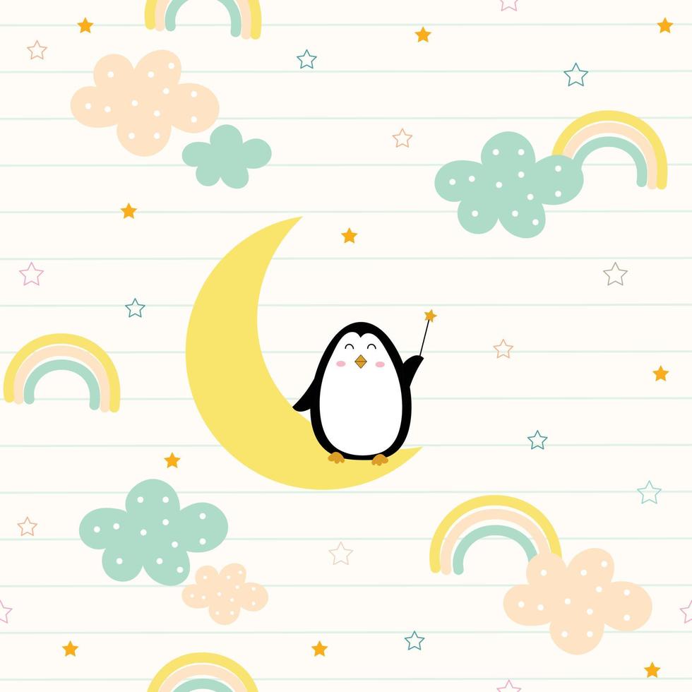 Pingüino de pie en el fondo del patrón de la luna con la idea de diseño de personajes animales de dibujos animados lindos de nubes y arco iris, utilizado para imprimir, envolver regalos, ropa para niños, textiles, ilustración vectorial vector