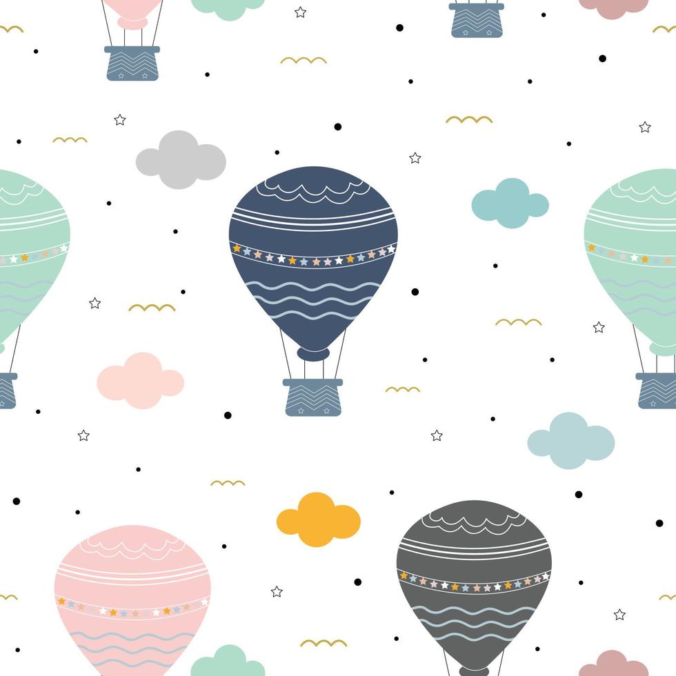 Seamless pattern, colorful balloons background floating in the sky and clouds with Patel color. Design concept used for Printing, textiles, children's clothing patterns, gift wrap. Vector illustration