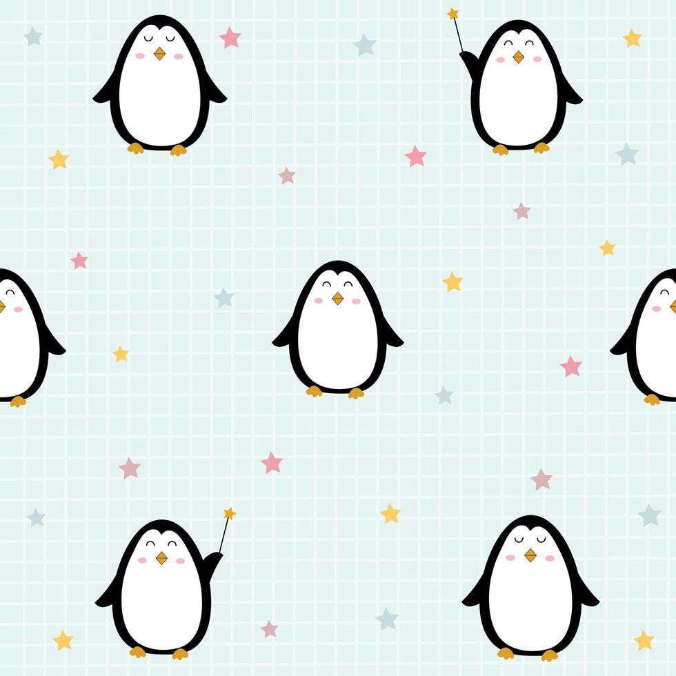 Seamless Penguin Pattern Background With Square Pattern Cute cartoon animal design concept used for printing, background, gift wrapping, children's clothing, textile, vector illustration