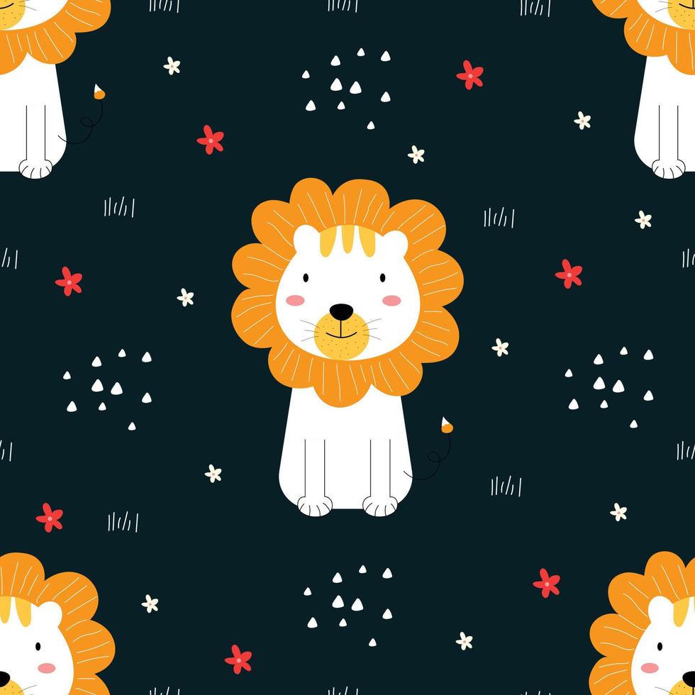 Seamless pattern A lion with a white body sitting Cute animal cartoon characters Used for printing, backgrounds, gift wrap, children's clothing, textiles, vector illustration