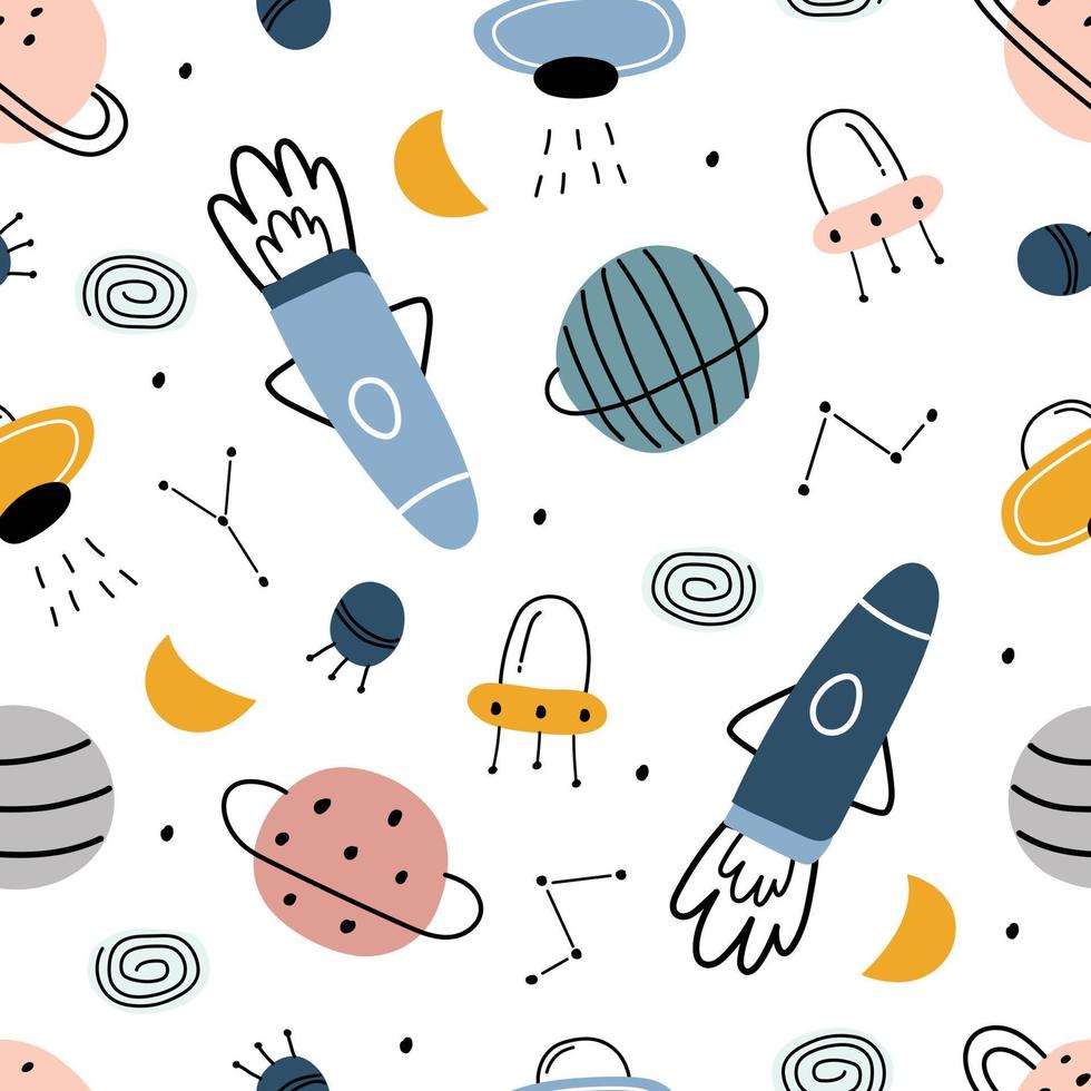 Nursery seamless pattern space background spaceship with planets on white background Use for prints, wallpaper, decorations, textiles, vector illustration