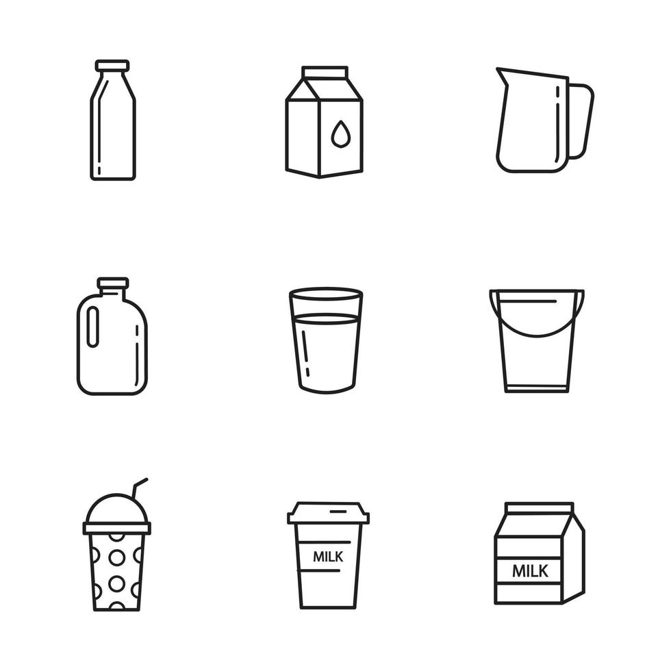 conjunto de iconos vectoriales de leche, botellas de leche, ilustración, aislado en fondo blanco para gráficos y diseño web vector