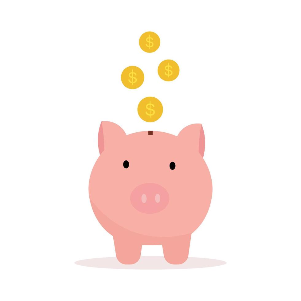 Pink Piggybank icons and dollar coins being put in the piggy bank Simple and modern design Used for website illustration. Vector illustration isolated on white background.