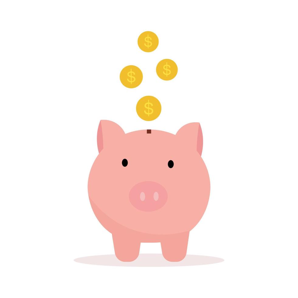 Pink Piggybank icons and dollar coins being put in the piggy bank Simple and modern design Used for website illustration. Vector illustration isolated on white background.