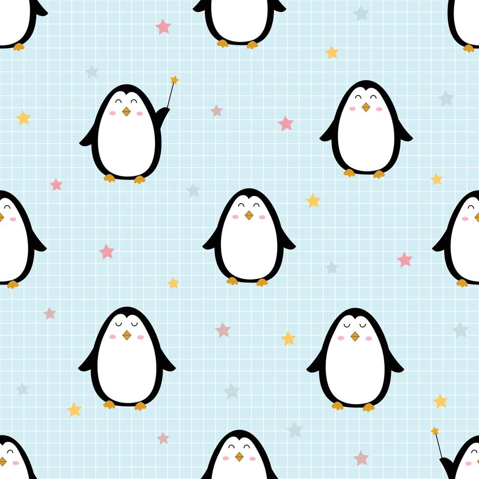 Seamless Penguin Pattern Background With Square Pattern Cute cartoon animal design concept used for printing, background, gift wrapping, children's clothing, textile, vector illustration