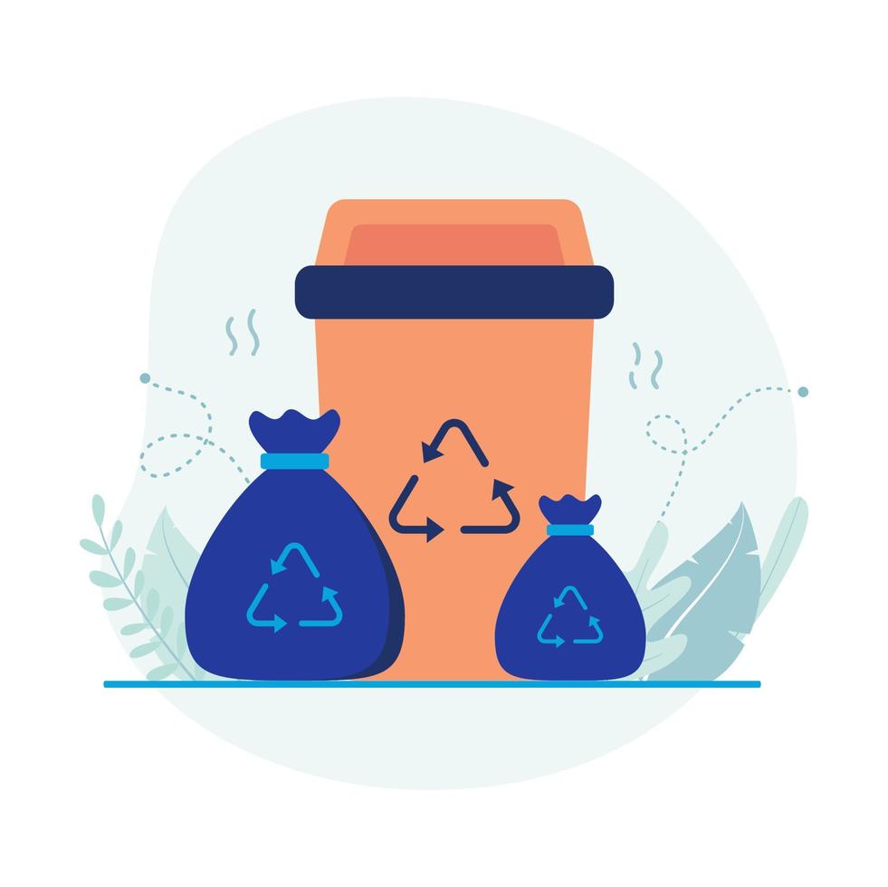 Trash bin and trash bag. Ecology and environment icon illustration. Flat vector suitable for many purposes.