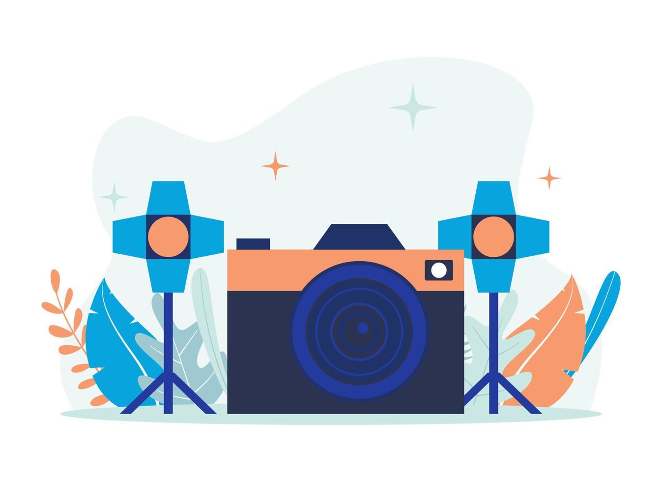 Photography illustration. Camera with lighting icon. Flat vector suitable for many purposes.