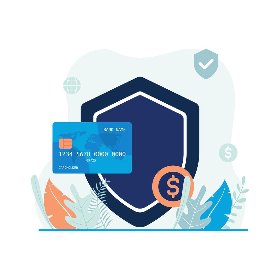 Payment protection service vector illustration. Shield, credit card, money icon. Flat design suitable for many purposes.