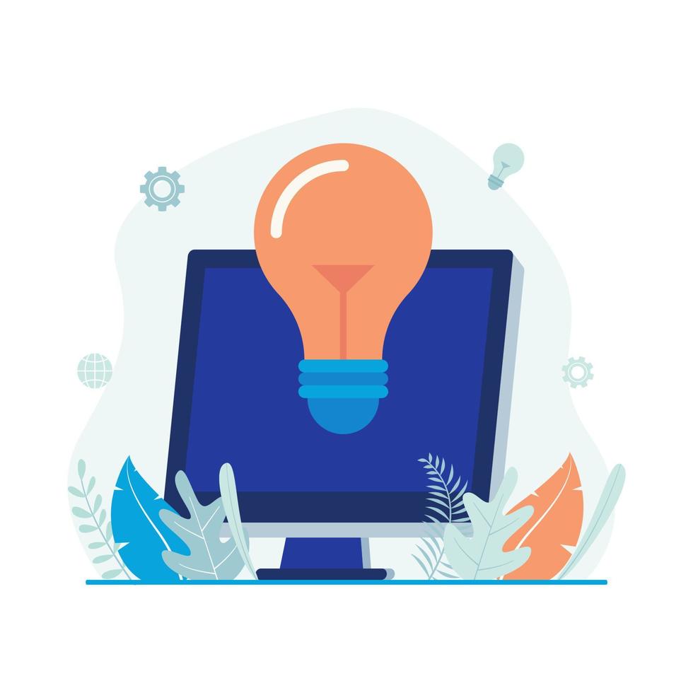 Creativity and innovation vector illustration. Lightbulb with computer icon. Flat design suitable for many purposes.