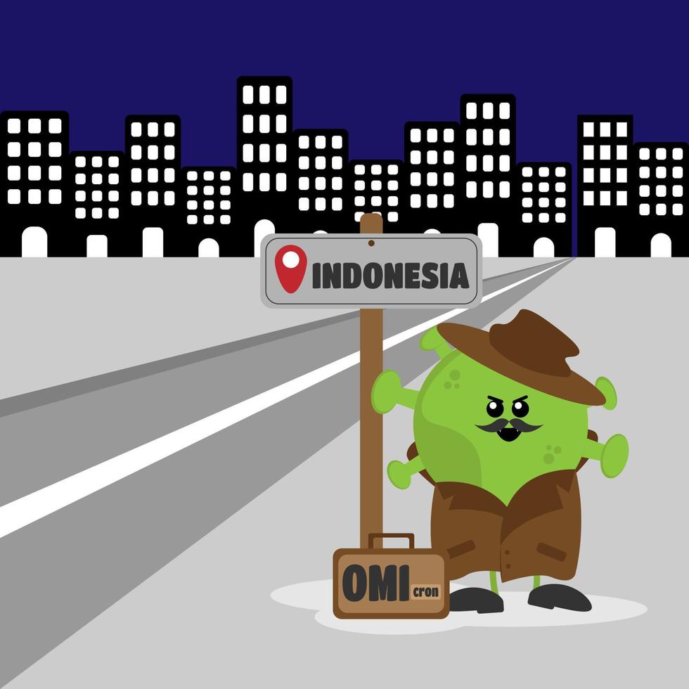 The omicron variant of the corona virus in disguise arrived in Indonesia wearing a brown jacket and hat, mustache, and carrying a suitcase vector