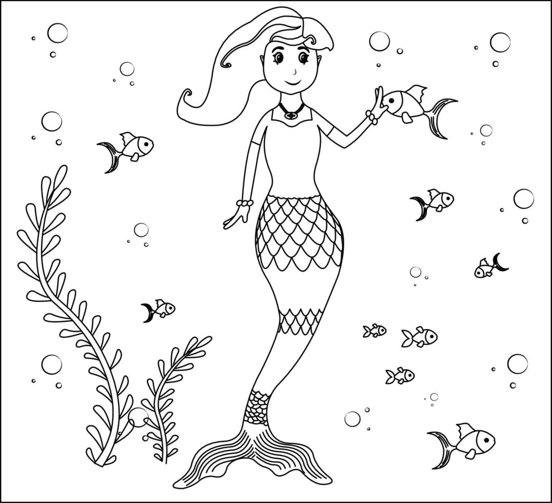 Mermaid Coloring Page 39, Cute mermaid with goldfishes, green grass, water bubbles on background, vector black and white coloring page.