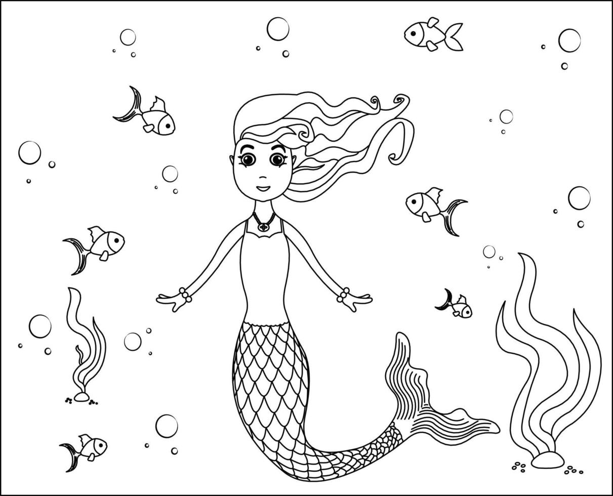 Mermaid Coloring Page 41, Cute mermaid with goldfishes, green grass, water bubbles on background, vector black and white coloring page.