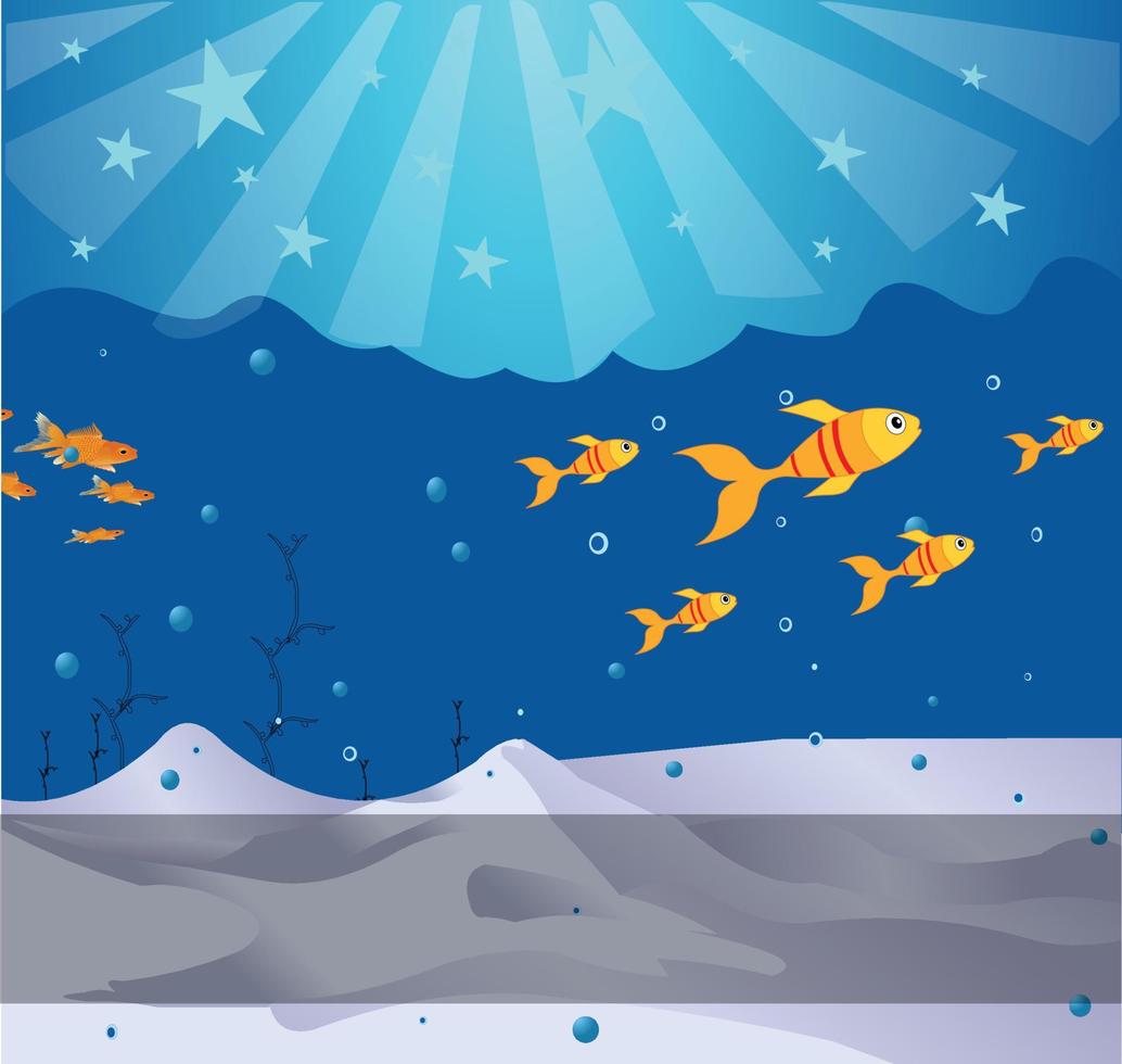 Mermaid underwater with goldfish, stars, water bubbles vector illustration.