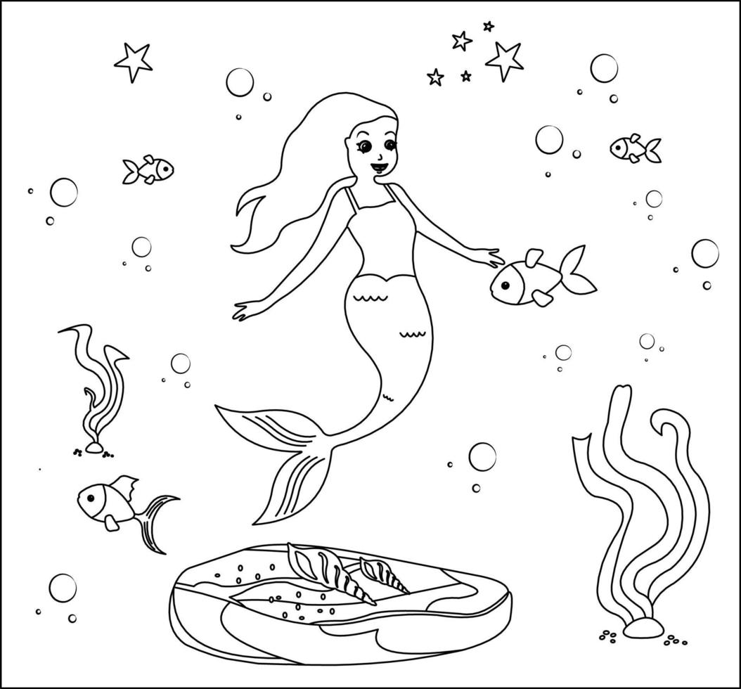 sirena coloreando página 36, sirena linda con peces dorados, hierba verde, burbujas de agua en el fondo, página de coloreado vectorial en blanco y negro. vector