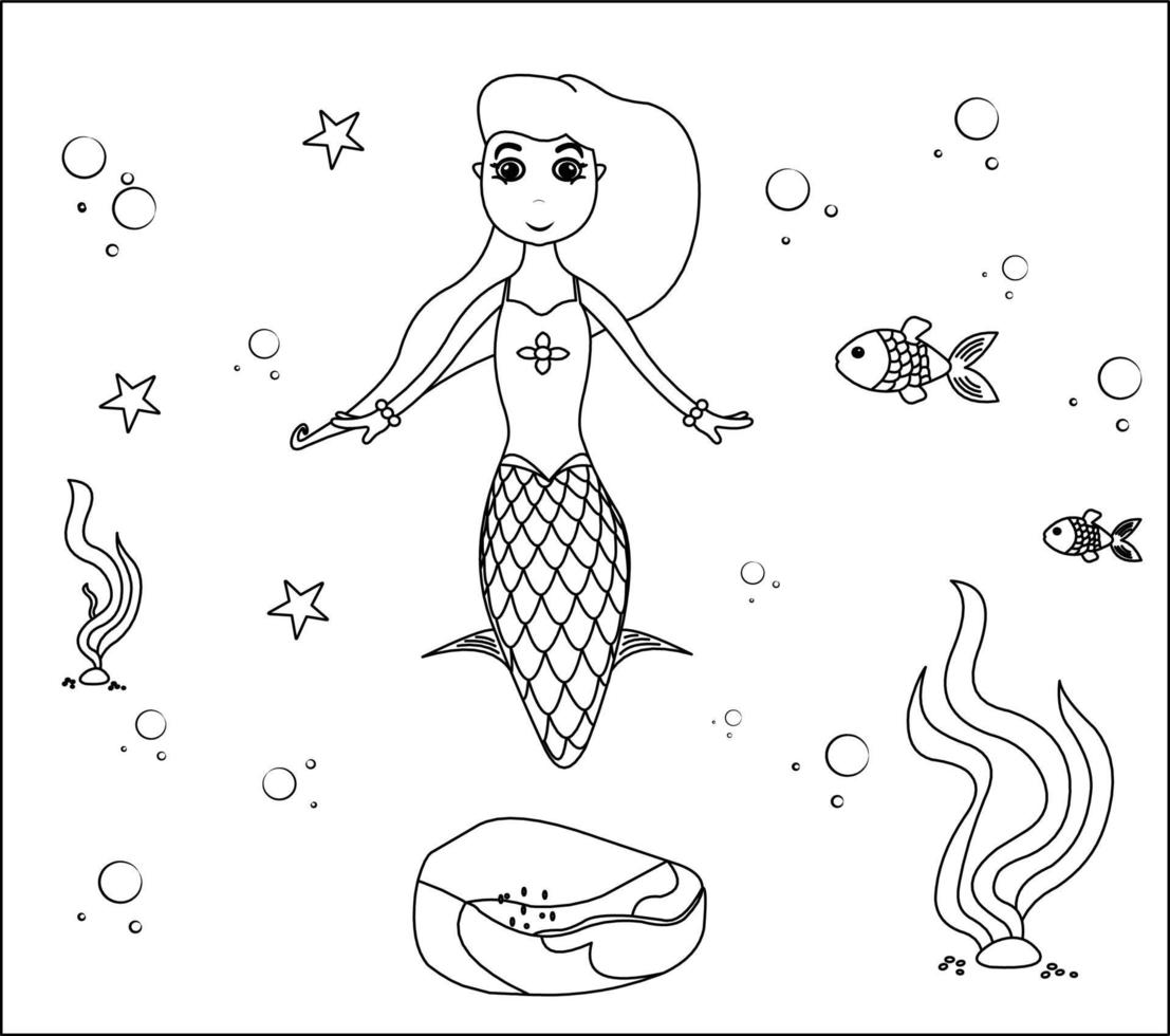 Mermaid Coloring Page 43, Cute mermaid with goldfishes, green grass, water bubbles on background, vector black and white coloring page.