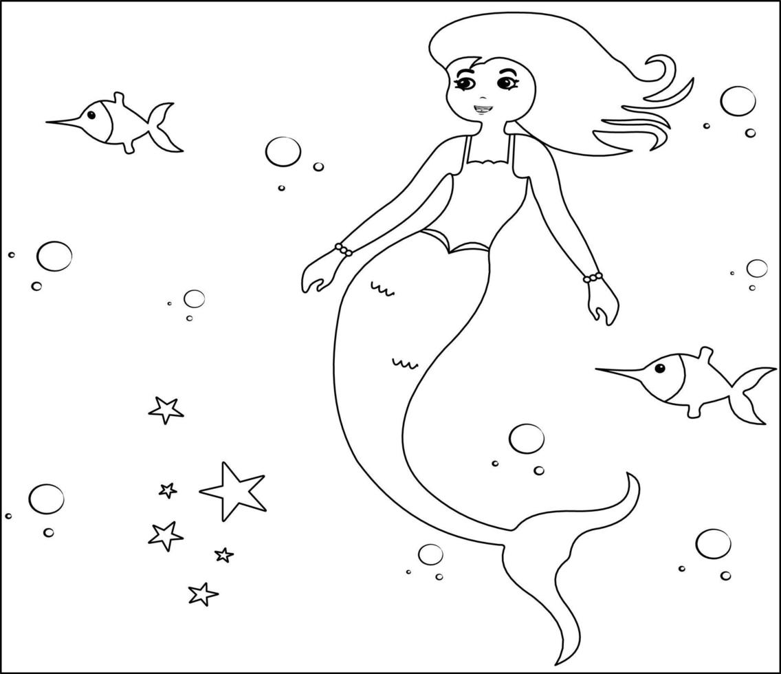 Mermaid Coloring Page 34, Cute mermaid with goldfishes, green grass, water bubbles on background, vector black and white coloring page.