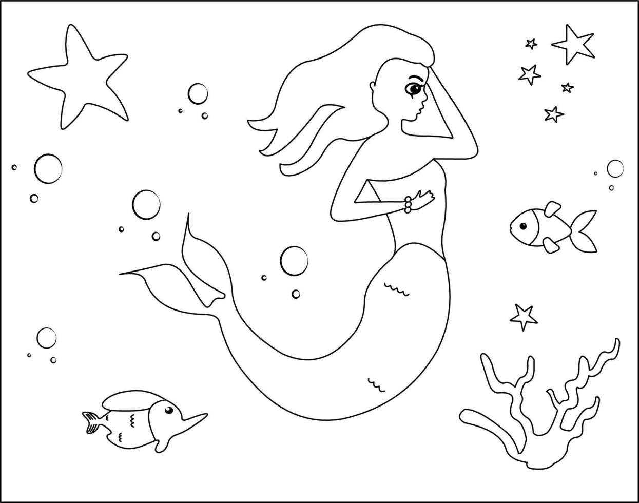 Mermaid Coloring Page 31, Cute mermaid with goldfishes, green grass, water bubbles on background, vector black and white coloring page.