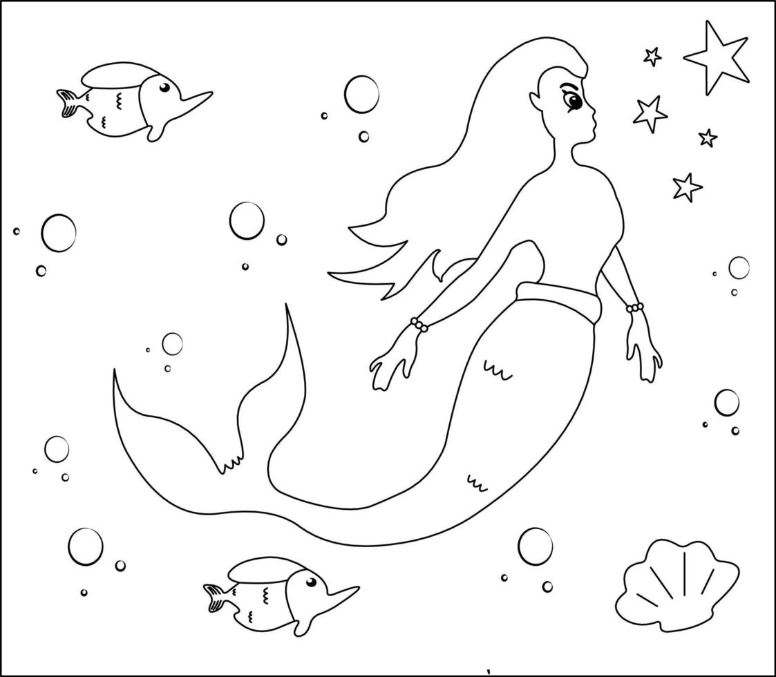 Mermaid Coloring Page 24, Cute mermaid with goldfishes, green grass, water bubbles on background, vector black and white coloring page.