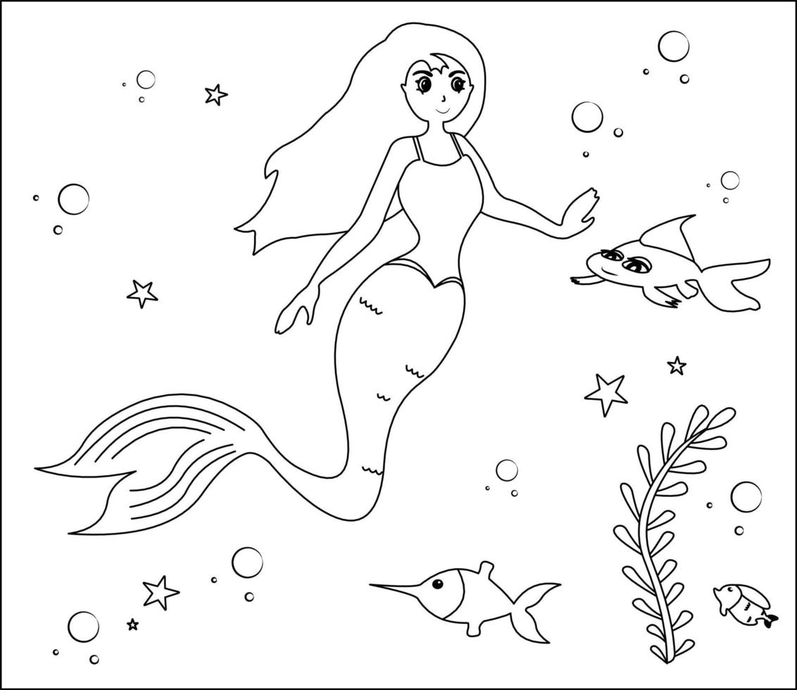 sirena coloreando página 21, sirena linda con peces dorados, hierba verde, burbujas de agua en el fondo, página de coloreado vectorial en blanco y negro. vector