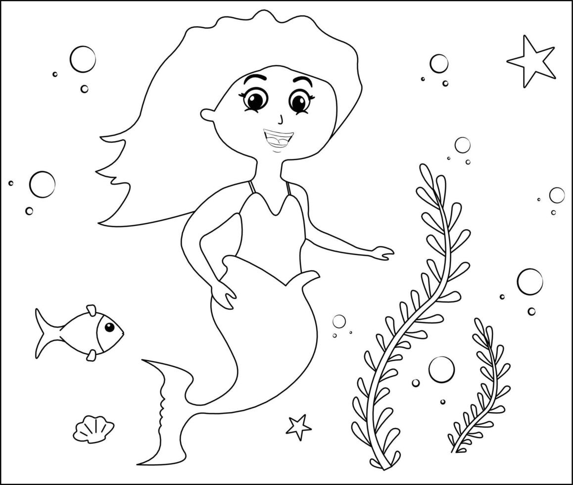 Mermaid Coloring Page 4, Cute mermaid with goldfishes, green grass, water bubbles on background, vector black and white coloring page.