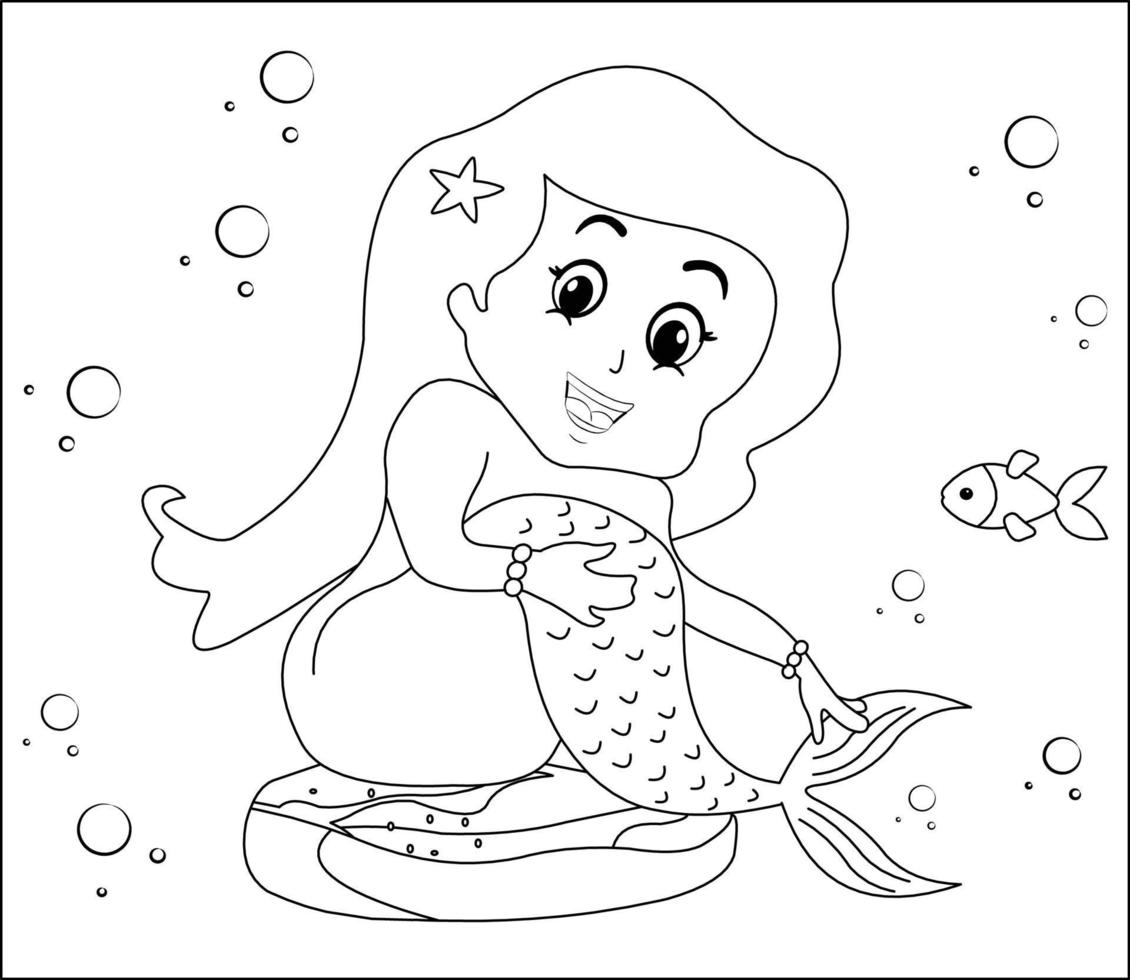 Mermaid Coloring Page 2, Cute mermaid with goldfishes, green grass, water bubbles on background, vector black and white coloring page.