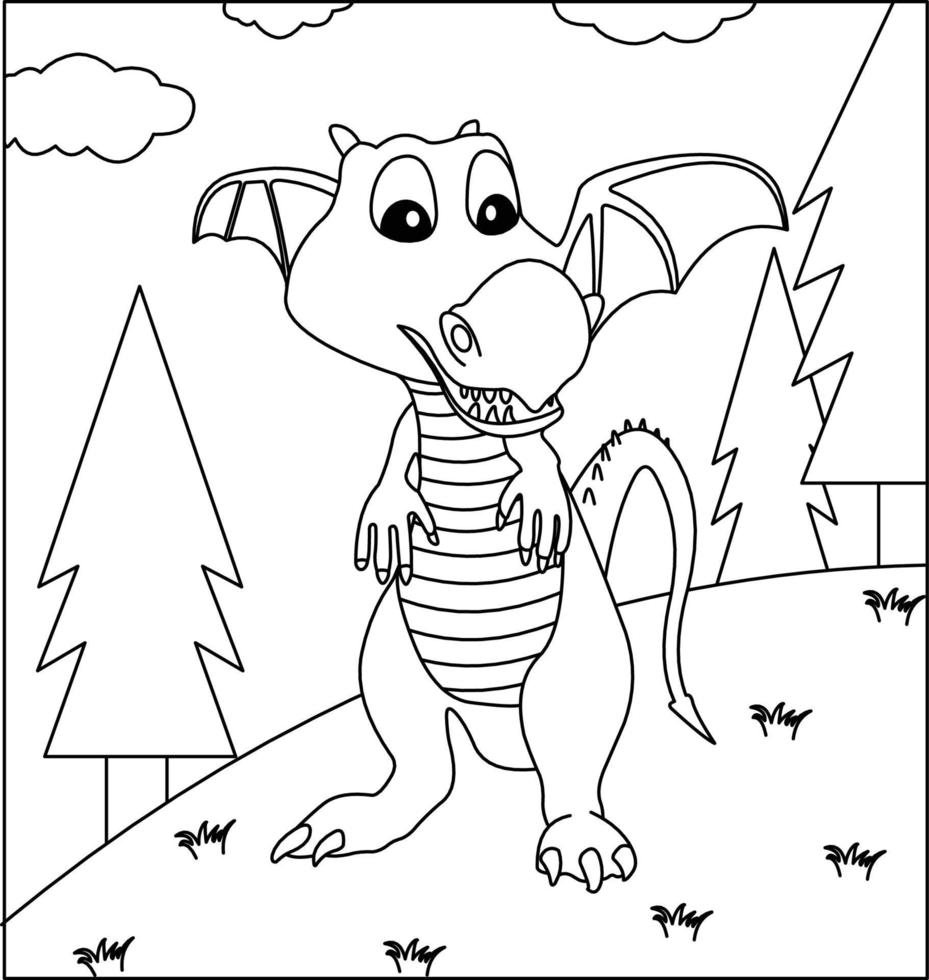 Dragon Coloring Page 48. Cute Dragon with nature, green grass, trees on background, vector black and white coloring page.