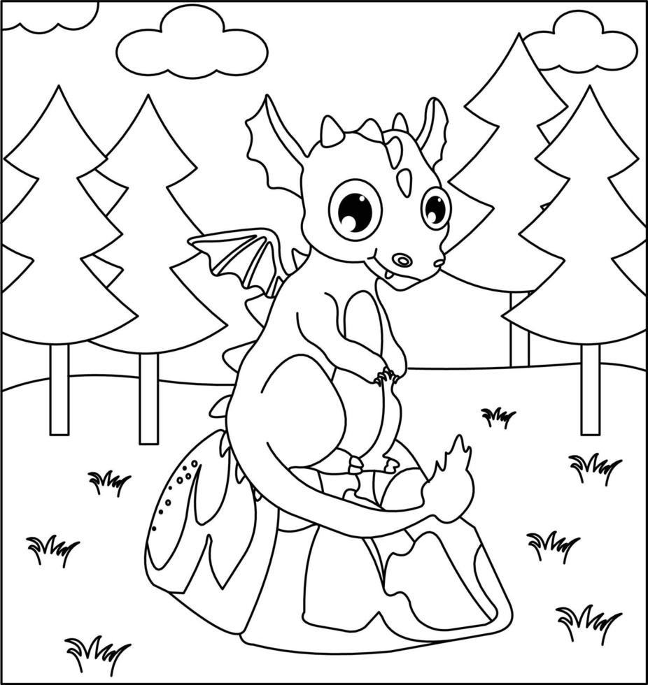 dragón para colorear página 39. lindo dragón con naturaleza, hierba verde, árboles en el fondo, página de coloreado vectorial en blanco y negro. vector