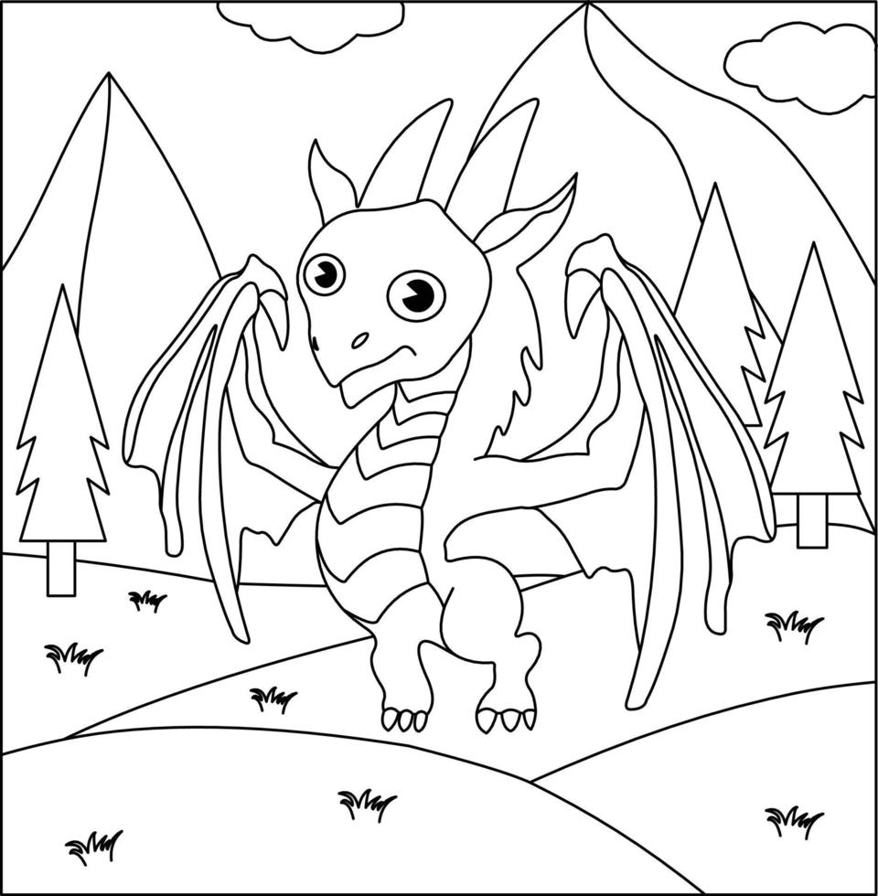 Dragon Coloring Page 33. Cute Dragon with nature, green grass, trees on background, vector black and white coloring page.