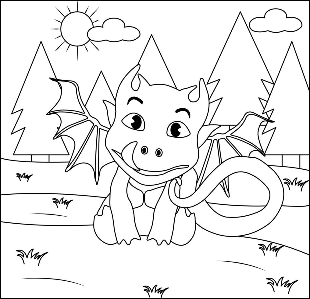 Dragon Coloring Page 34. Cute Dragon with nature, green grass, trees on background, vector black and white coloring page.