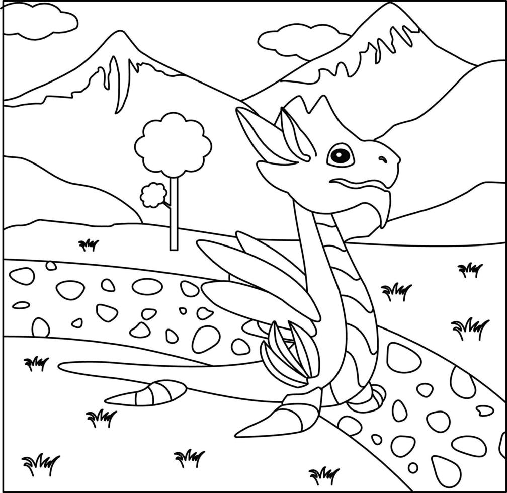 Dragon Coloring Page 31. Cute Dragon with nature, green grass, trees on background, vector black and white coloring page.