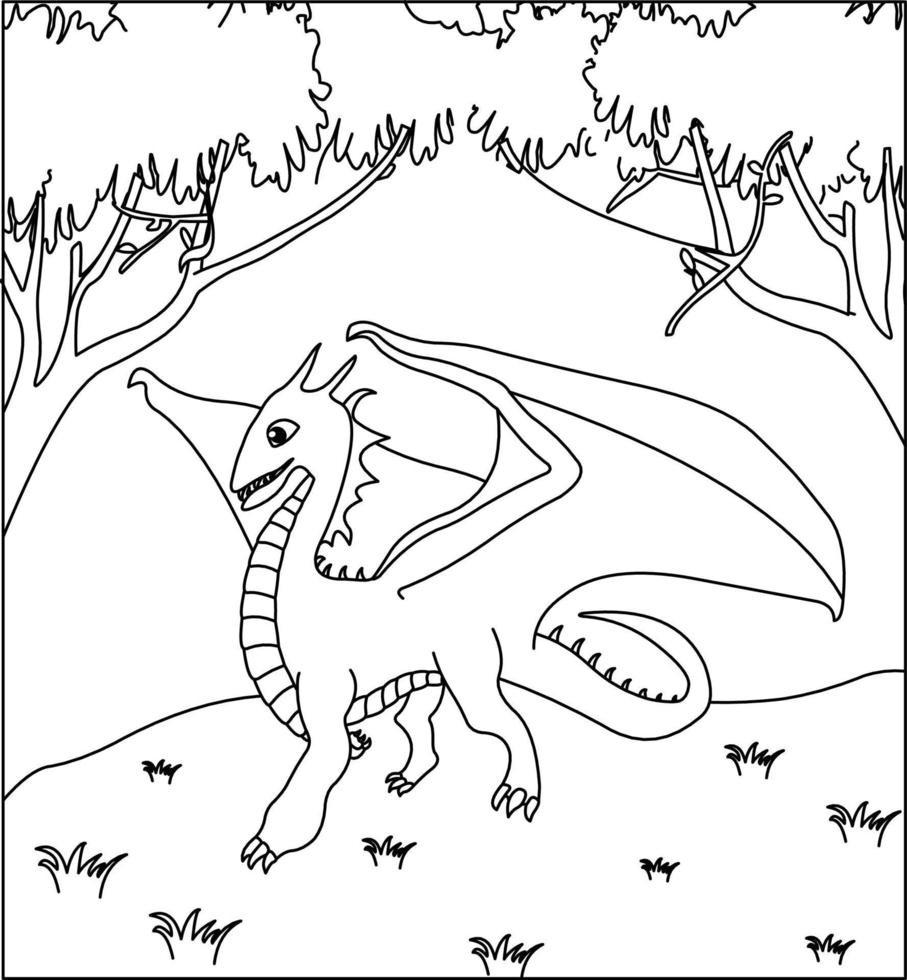 Dragon Coloring Page 25. Cute Dragon with nature, green grass, trees on background, vector black and white coloring page.
