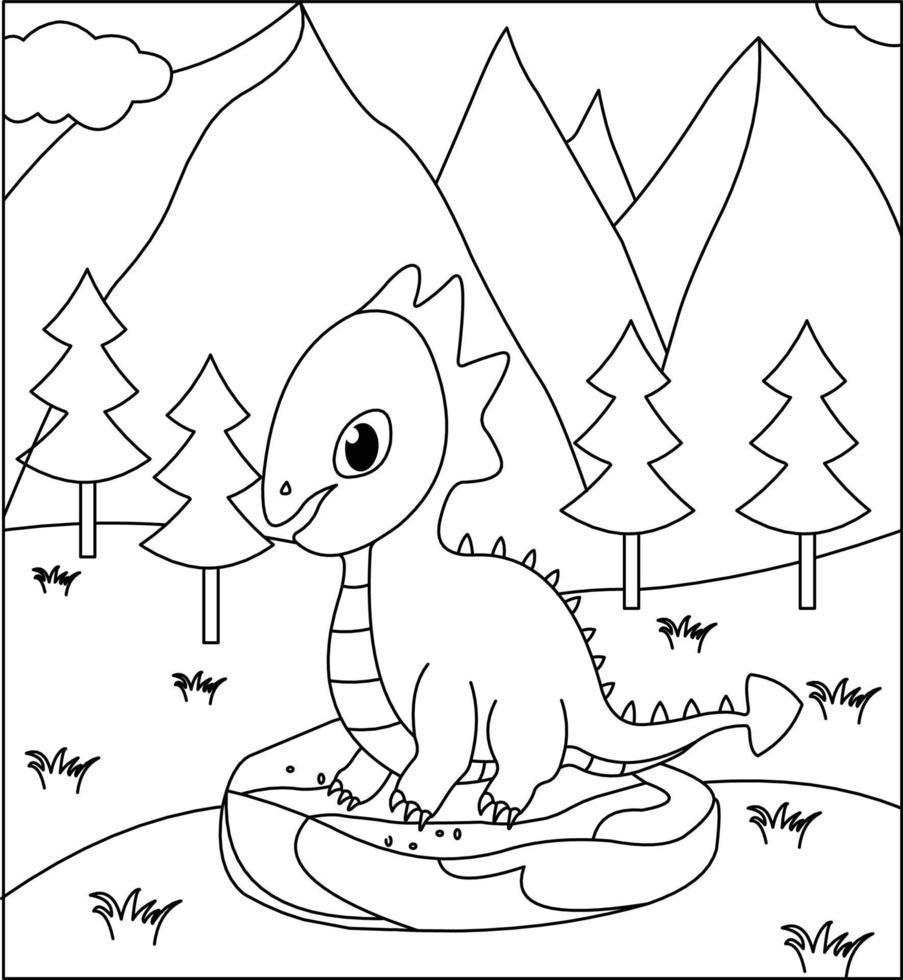 dragón para colorear página 16. lindo dragón con naturaleza, hierba verde, árboles en el fondo, vector página para colorear en blanco y negro.