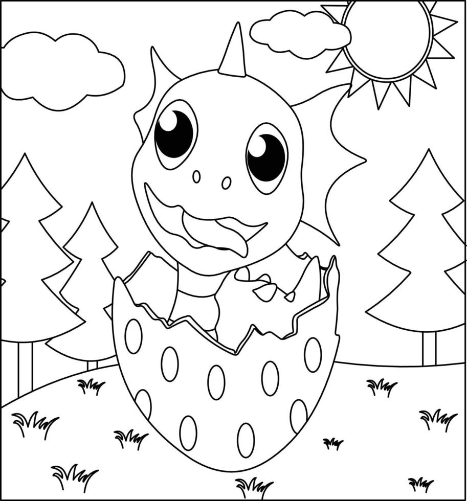 Dragon Coloring Page 8. Cute Dragon with nature, green grass, trees on background, vector black and white coloring page.