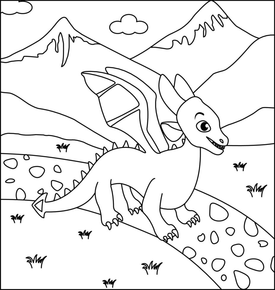 Dragon Coloring Page 6. Cute Dragon with nature, green grass, trees on background, vector black and white coloring page.