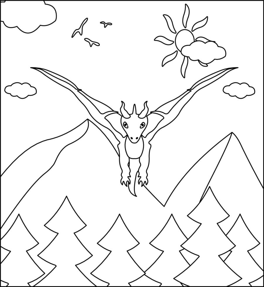 Dragon Coloring Page 3. Cute Dragon with nature, green grass, trees on background, vector black and white coloring page.