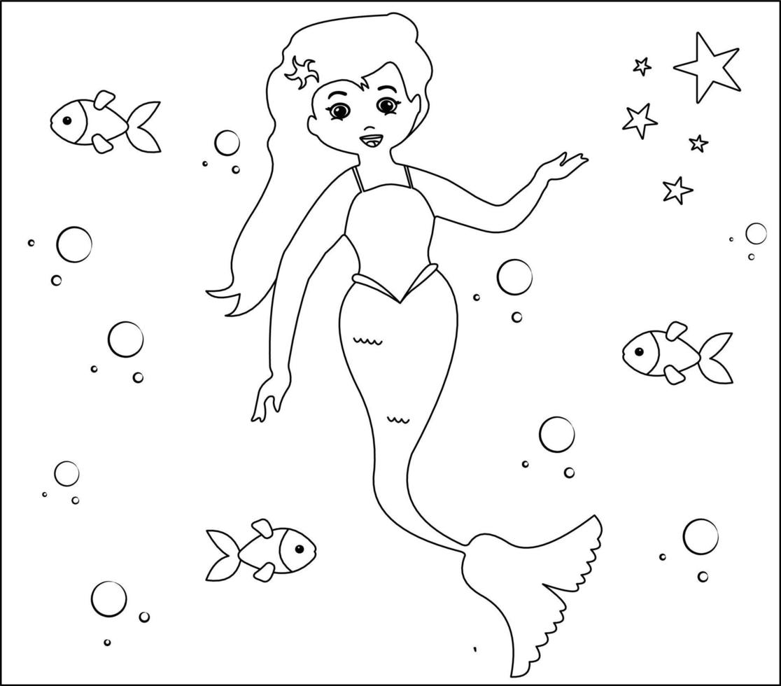 Mermaid Coloring Page 33, Cute mermaid with goldfishes, green grass, water bubbles on background, vector black and white coloring page.