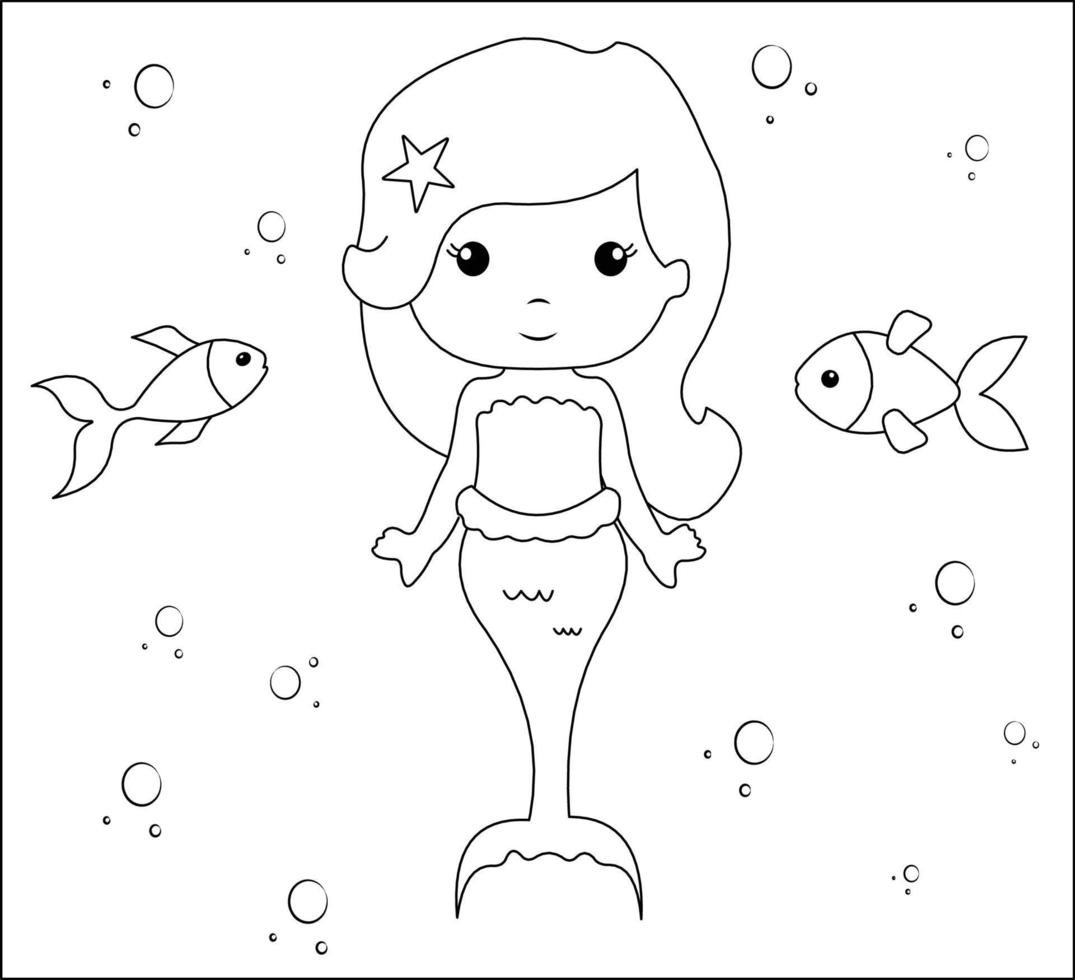 Mermaid Coloring Page 42, Cute mermaid with goldfishes, green grass, water bubbles on background, vector black and white coloring page.