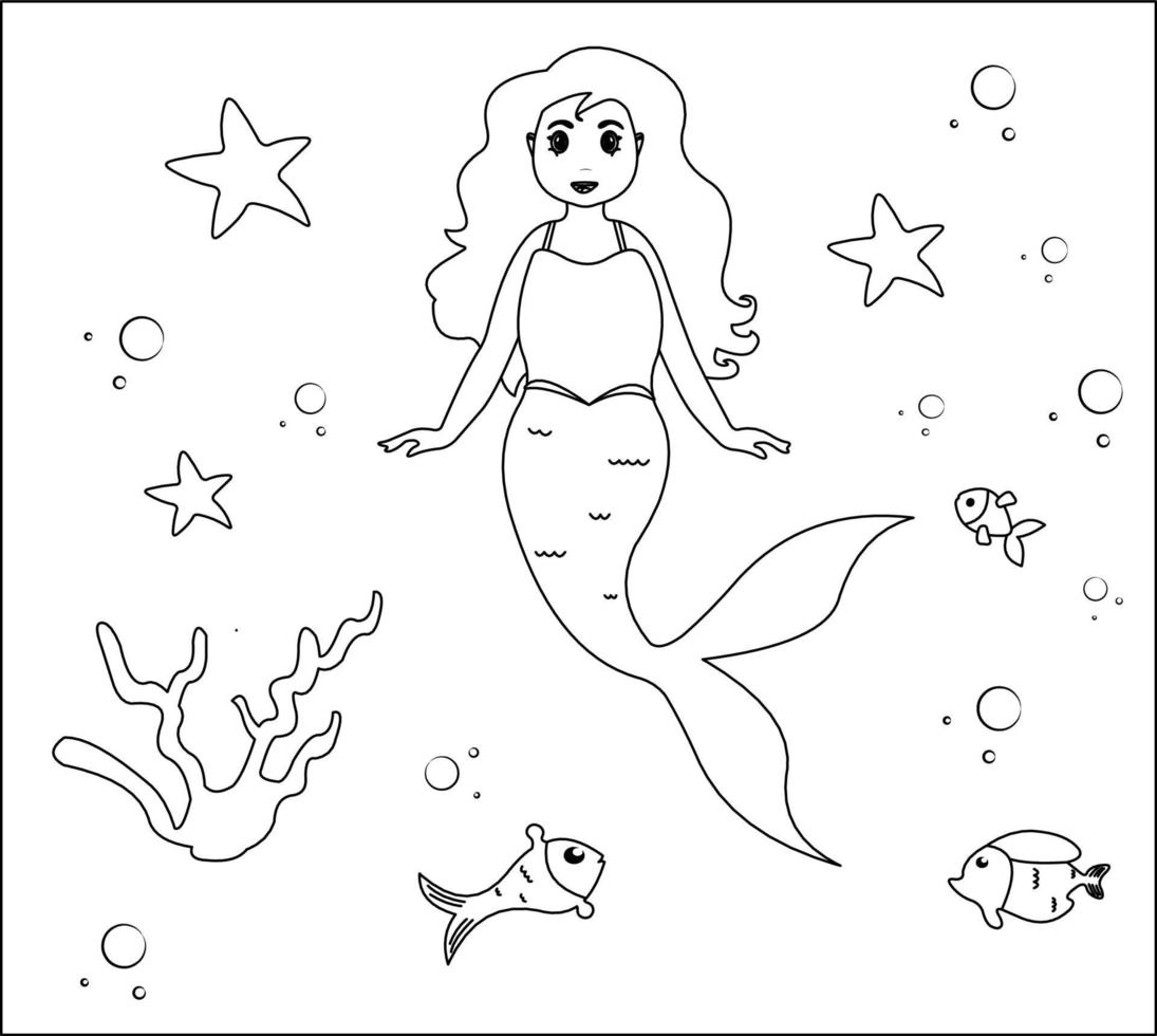 sirena coloreando página 28, sirena linda con peces dorados, hierba verde, burbujas de agua en el fondo, página de coloreado vectorial en blanco y negro. vector