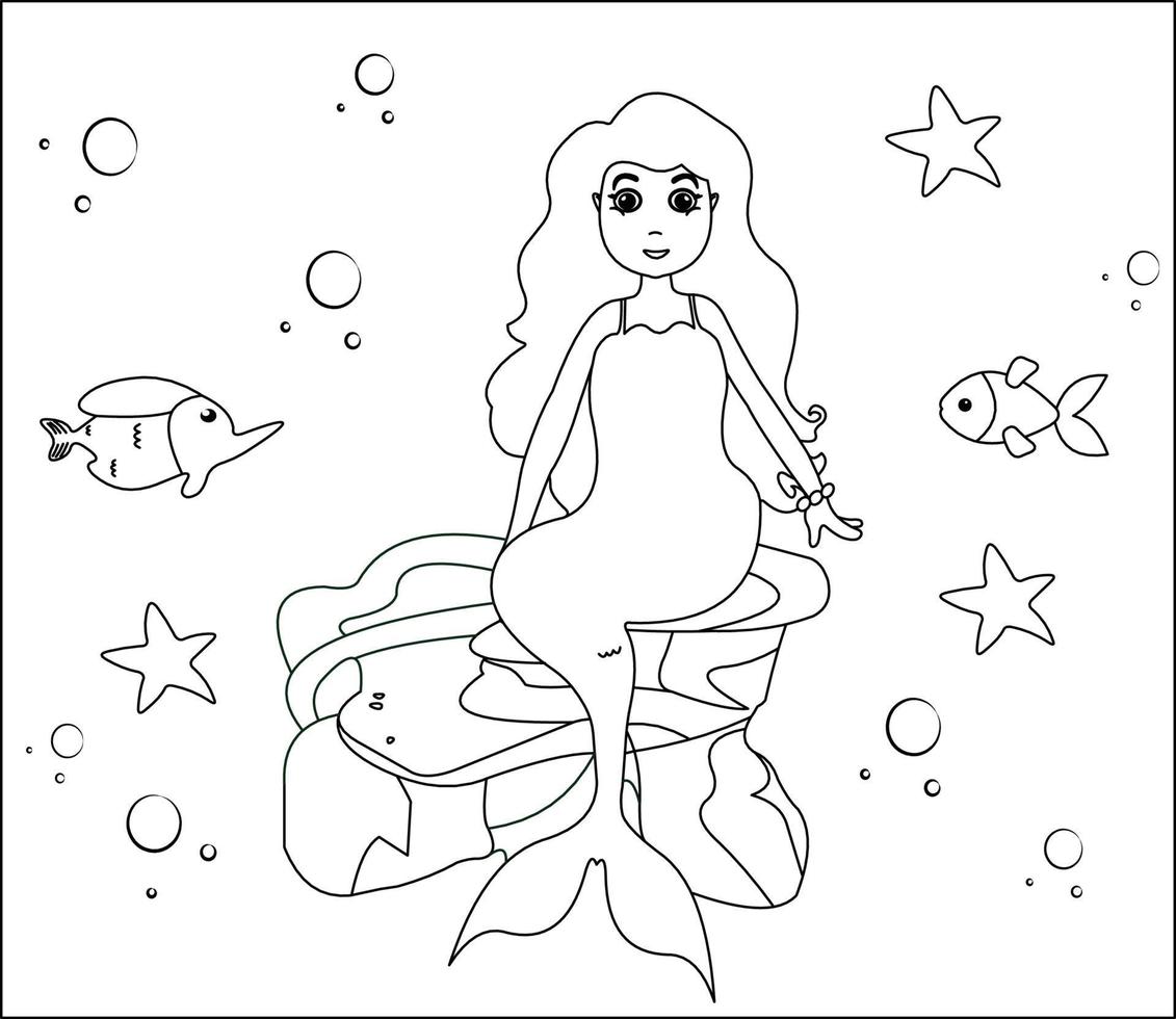 Mermaid Coloring Page 30, Cute mermaid with goldfishes, green grass, water bubbles on background, vector black and white coloring page.