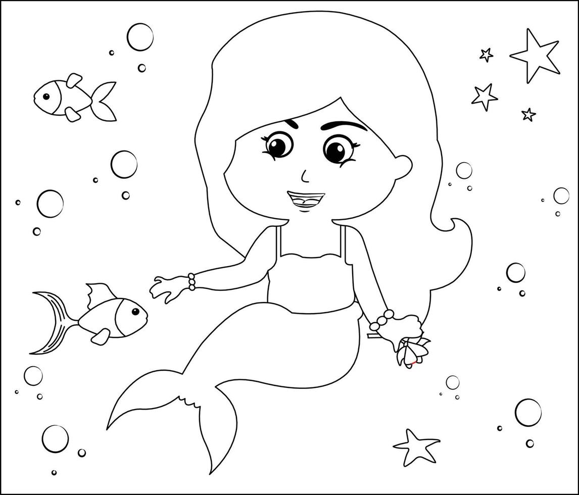 Mermaid Coloring Page 12, Cute mermaid with goldfishes, green grass, water bubbles on background, vector black and white coloring page.