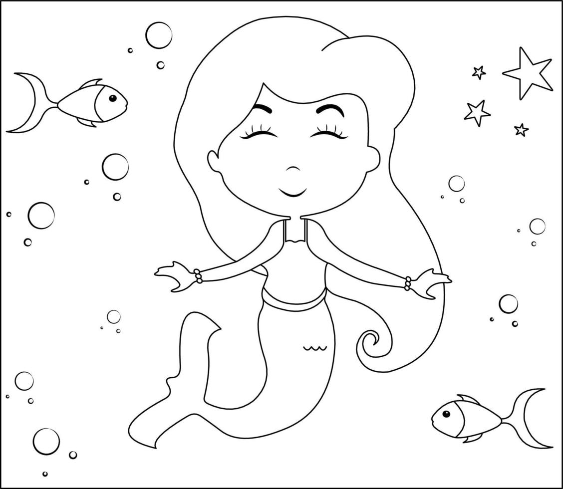 Mermaid Coloring Page 15, Cute mermaid with goldfishes, green grass, water bubbles on background, vector black and white coloring page.